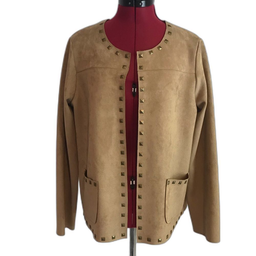Carmen Marc Valvo Tan Blazer Women's Size Medium Faux Suede Gold Stud Details